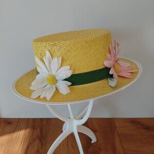 Vintage Yellow Straw Hat with Flowers Size Small 20"